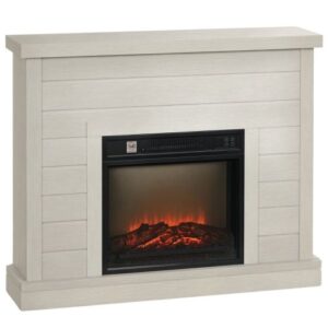 Caminetto elettrico con finitura in melaminico color legno e vetro temperato grigio.